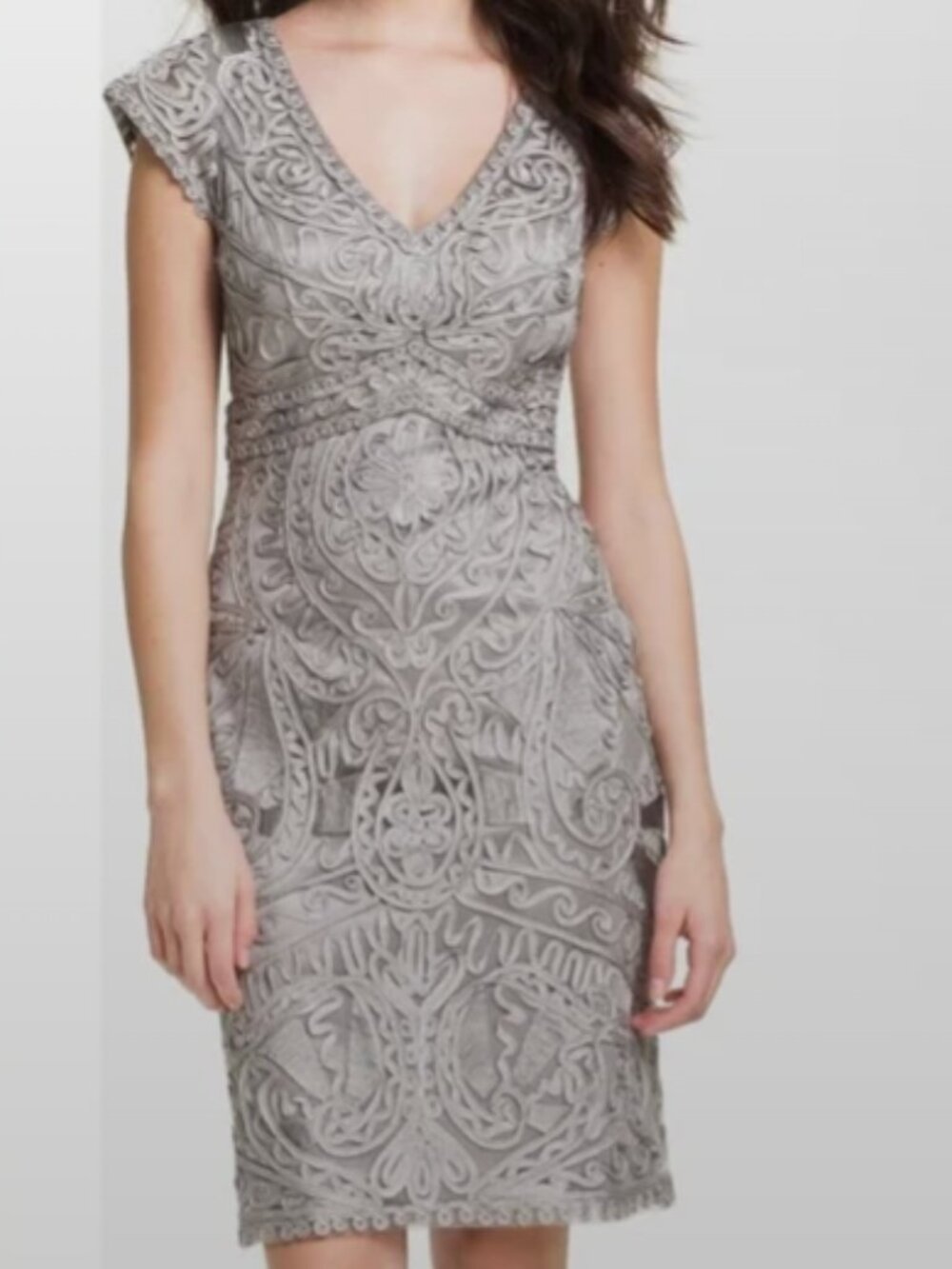 Sue Wong Cap Sleeve V-Neck Silver Soutache Dress Size 12